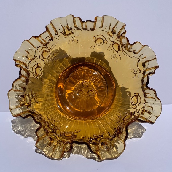 VTG Fenton Amber Glass Ruffled/Thumbprint Edge 9"x3.5" Bowl Cabbage Rose Pattern - Picture 2 of 8